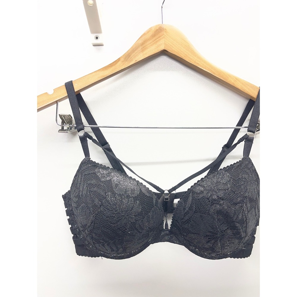 Victorias Secret Very Sexy Push Up Bra 34D Black Lace Shimmer Cage Back Strappy